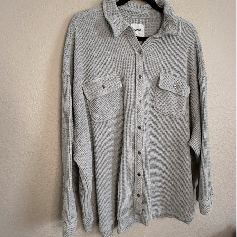 Aerie Lumberjane Waffle Knit Womens XL Gray Shacket Oversized Thermal‎ Cabincore